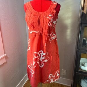Lole Bright Red Orange Floral Linen Blend Sleeveless Tie Waist Dress Size L